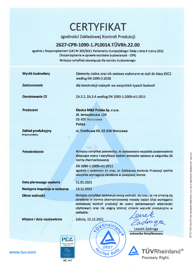 Certyfikat zgodnosci ZKP 2627 CPR 1090 1.22