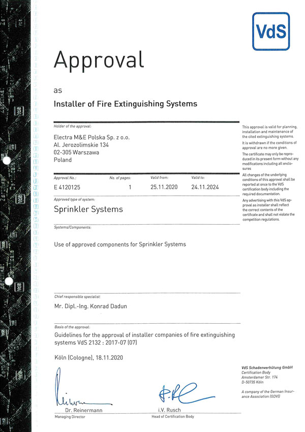 Certyfikat VdS Electra tryskacze zraszacze do 2024r 4