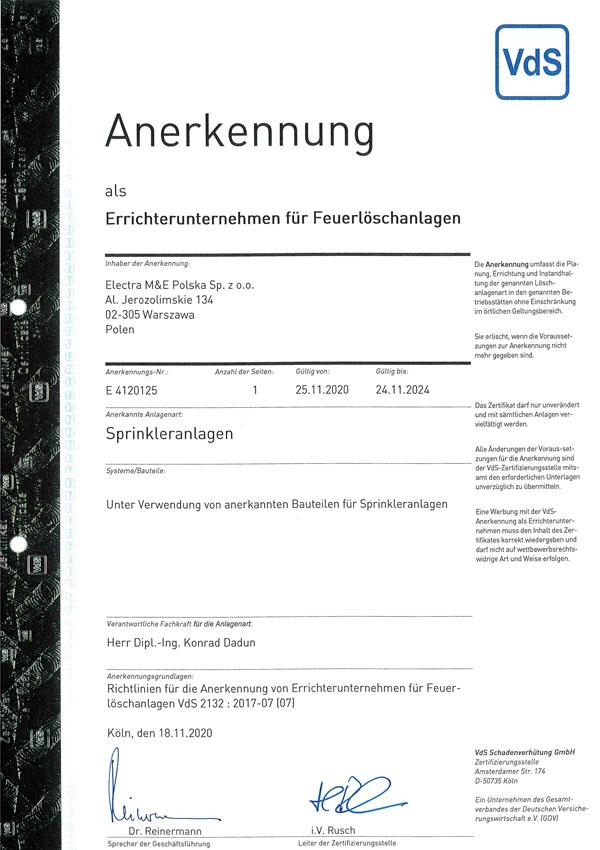 Certyfikat VdS Electra tryskacze zraszacze do 2024r Page 3