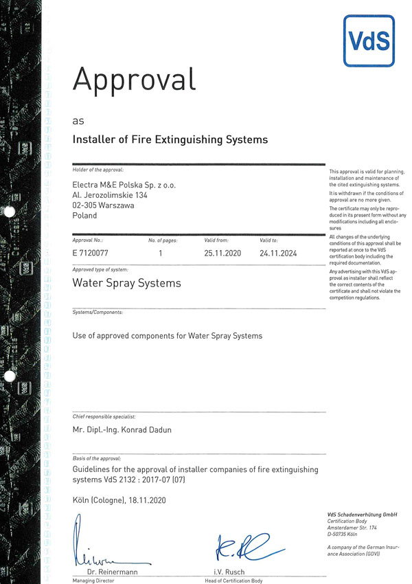 Certyfikat VdS Electra tryskacze zraszacze do 2024r 2