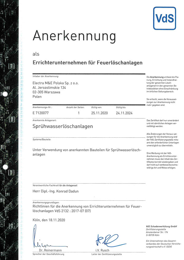 Certyfikat VdS Electra tryskacze zraszacze do 2024r 1